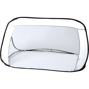 A white pop-up tent with a black trim, featuring an open frame design for outdoor use.