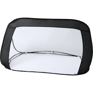 A black and white portable goal post with a flexible frame, designed for outdoor sports. It has a branded logo.