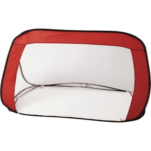 A red and white pop-up goal post with a sturdy frame, featuring a simple open design.