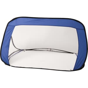 A pop-up sports goal post with a blue frame and white interior, designed for outdoor activities.
