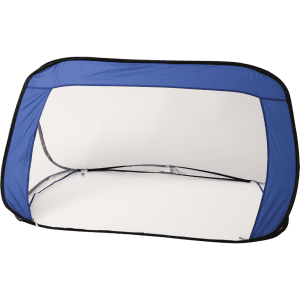 A sports gear pop-up shelter featuring a blue trim and a white interior, designed for leisure and outdoor activities.