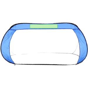 A goal post featuring a blue frame with a mesh design, suitable for outdoor sports. The product includes branding.