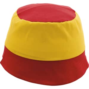 A bucket hat featuring a yellow top and red lower section, with a logo on one side.