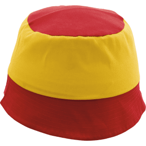 A bucket hat featuring a red and yellow design, with a logo on the side. It has a wide brim for sun protection.