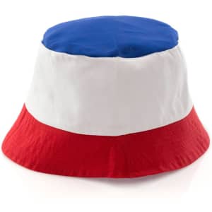 A bucket hat featuring a blue top, white middle, and red brim. It has a logo on the side.