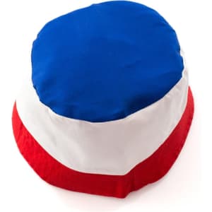 A beanie featuring a red, white, and blue design, with a logo on the side.