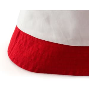 A white hat with a red band at the base, featuring a logo on the side. It's designed as a beanie-style headwear.