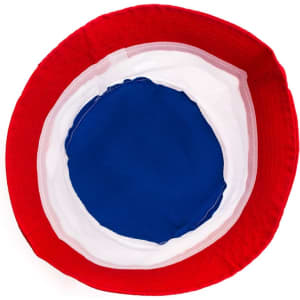 A red and white beanie with a blue interior, featuring a logo. It has a circular design.