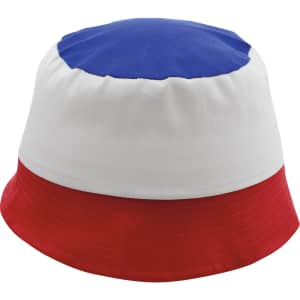 A three-coloured beanie featuring red, white, and blue sections with a logo on it.