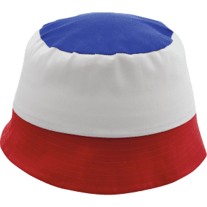 A bucket hat with a blue top, white middle, and red brim. It features a branding logo.