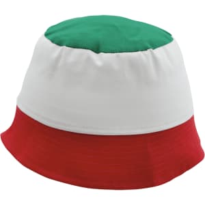 A bucket hat featuring a green top, white middle, and red bottom, with an accompanying logo.