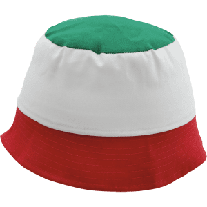 A Patriot Hat featuring a green top and red and white striped brim, with a logo on the side.