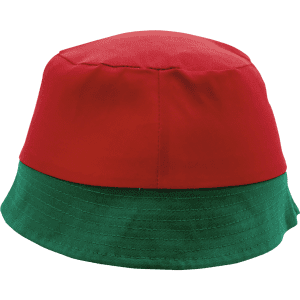 A red and green beanie hat featuring a logo on the side.