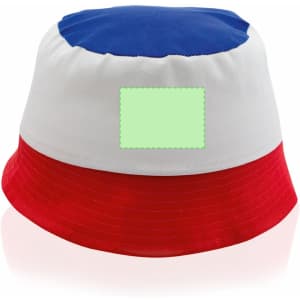 A bucket hat in blue, white, and red with a blank space for branding or logo.