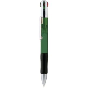 A green and black Multifour Pen featuring multiple writing modes and a clip for easy attachment. It has a logo.
