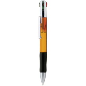 A Multifour Pen in orange and black, featuring multiple ink options and a sleek design. Includes branding on the body.
