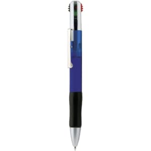 A blue Multifour Pen featuring a silver clip and a black grip, with multiple writing options.