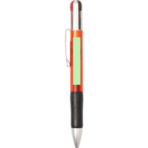A multifunctional pen with a red barrel, black grip, silver accents, and a clip. It features a branding area.