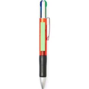 A multifunction pen featuring red, blue, and green inks, with a black grip and a silver clip.