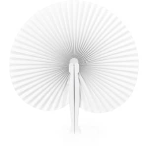 A white paper fan with a pleated design, held in a standing position. It features a simple white handle and has a logo.