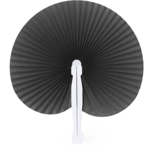A black paper fan with a ribbed design and a white handle. The fan is fully opened, showcasing its layered structure.
