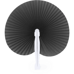 A grey fan with pleated design and a white handle, suitable for events and exhibitions.