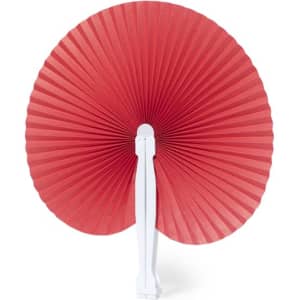 A red folding fan with a white handle, featuring a pleated design for ventilation or decoration.