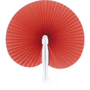 A red paper fan with pleated design and a white handle, suitable for events and exhibitions.