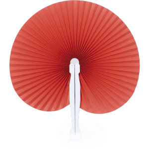 A red paper fan with a white handle, featuring an accordion-style design. It has a logo on the handle.