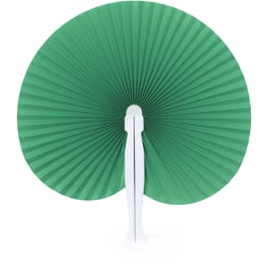 A green paper fan with a white handle, designed for events and exhibitions. It features a pleated design.
