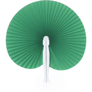 A green paper fan with a white handle, featuring a pleated design suitable for events and exhibitions.