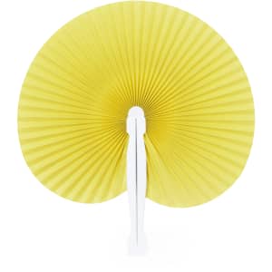A yellow paper fan with a white handle featuring pleated design, suitable for events and exhibitions.