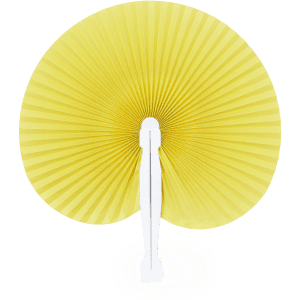 A yellow paper fan with a white handle, featuring a pleated design, suitable for events and exhibitions.
