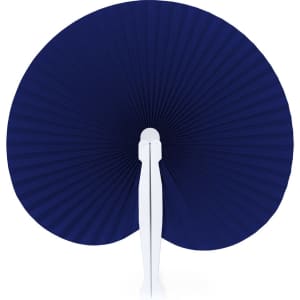 A navy blue paper fan with a white handle, featuring a pleated design for a stylish appearance.