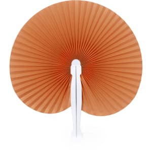 A folding fan with a large orange pleated design and a white handle, suitable for events and exhibitions.