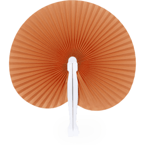 A decorative fan with a pleated, orange design, featuring a white handle for support.