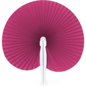 A fan with a large, round, fuchsia pleated design and a white handle. It has a simple, elegant look.