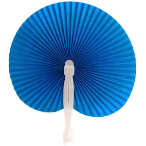 A blue paper fan with a white handle, featuring a pleated design and radiating stripes.