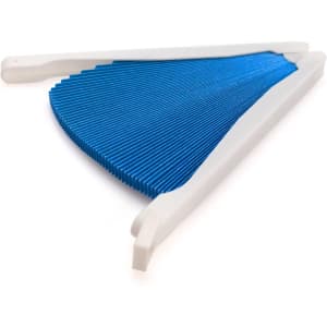 A large fan in blue and white, featuring a series of pleated segments for a decorative effect.