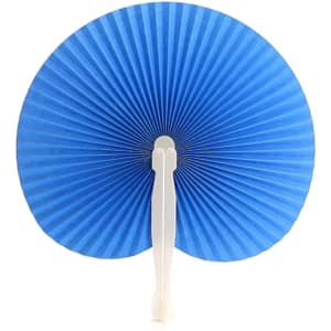 A blue paper hand fan with a white handle, featuring a pleated design. It has a simple and elegant appearance.