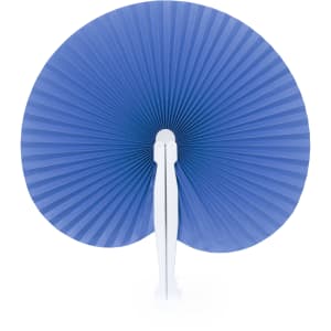 A blue folding fan with a white handle, featuring a pleated design.