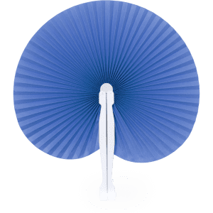 A blue paper fan with a white handle, featuring a pleated design for decoration or cooling purposes.