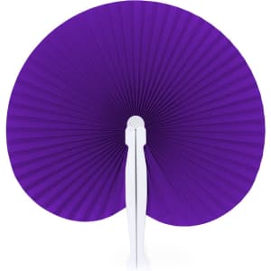 A purple folding fan with a white handle, featuring a pleated design suitable for events and exhibitions.