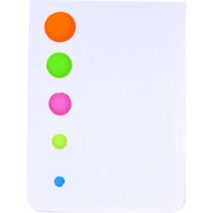 A white sticky notepad with five colourful circular tabs in orange, green, pink, and blue. It features a branding logo.