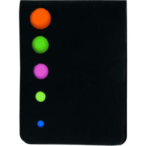 A black sticky notepad featuring five colourful circular tabs in orange, green, pink, and blue.