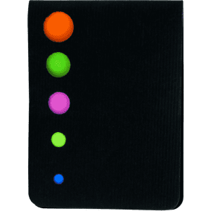 A black Zinko Sticky Notepad featuring brightly coloured sticky dots in orange, green, pink, and blue.