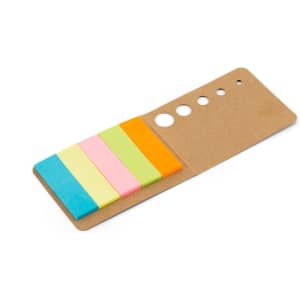 A Zinko Sticky Notepad featuring colourful sticky notes in blue, pink, green, orange, and yellow, with a brown cover and a logo.