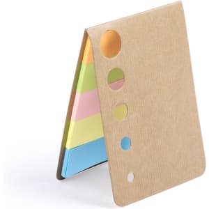 A Zinko Sticky Notepad with a cardboard cover and multicoloured sticky notes in pink, green, orange, and blue.
