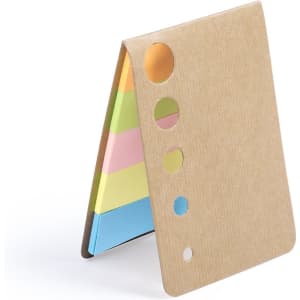 A Zinko Sticky Notepad with a brown cardboard cover and colourful sticky notes in pastel shades. It features a logo.