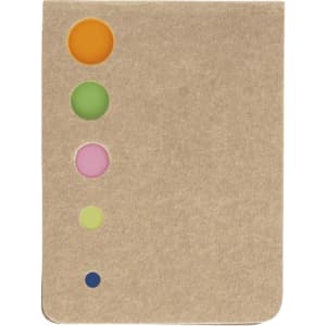 A brown sticky notepad with five round tabs in orange, green, pink, and blue. It has a simple, clean design.